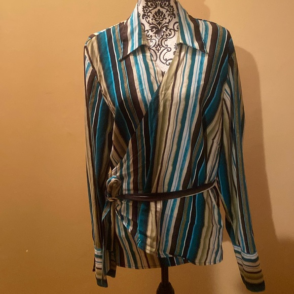 🌺 Ashley Stewart stripped wrap multicolor tie, front blouse, shirt, top size 18 - Picture 1 of 7